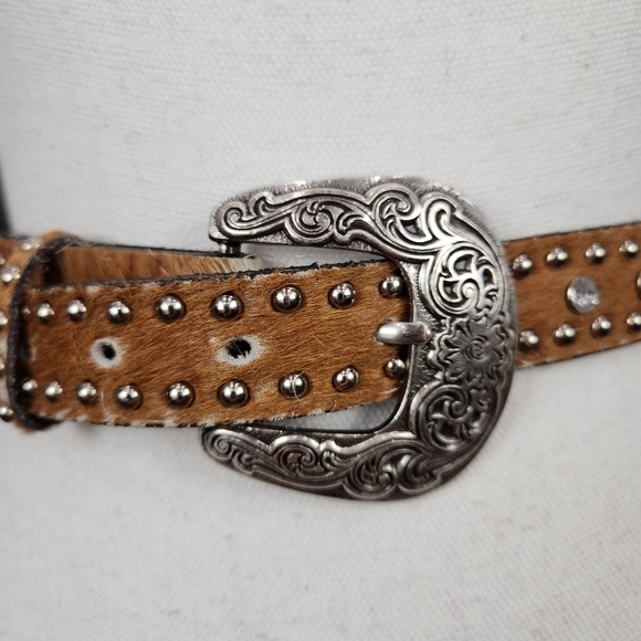 Leather Belt With Cow Hair, Rhinestones & Studs Size 26 - Picture 2 of 8